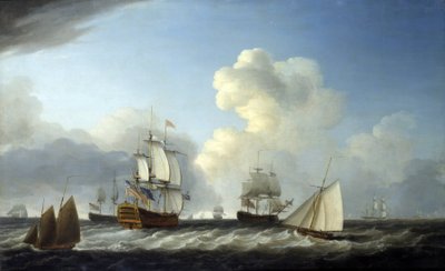 A brit királyi haditengerészet 98 ágyúval rendelkező másodosztályú hajója a "Saint George" volt, amelyet más hajók kísértek. alkotó: Dominic Serres