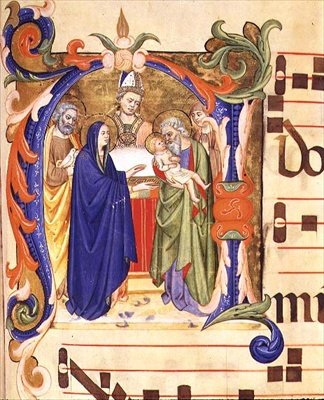 Ms 572 f.88r Történelmi „N” kezdőbetű, amely a templomi bemutatót ábrázolja a firenzei Santa Maria del Carmine antifónájából (vellum) alkotó: Don Simone and school Camaldolese