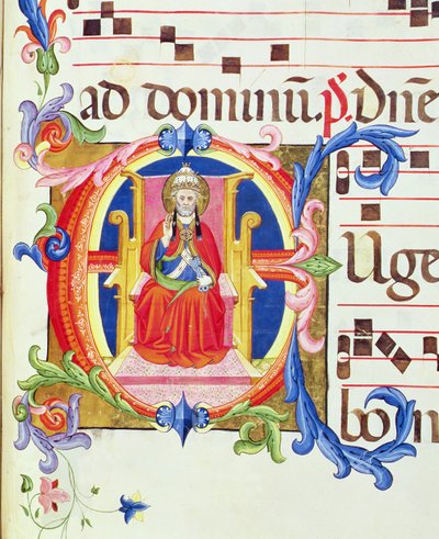 Ms 572 f.125r Történeti "E" kezdőbetű, amely Szent Pétert mint Róma első püspökét ábrázolja a Santa Maria del Carmine egyik antifónájából. alkotó: Don Simone Camaldolese