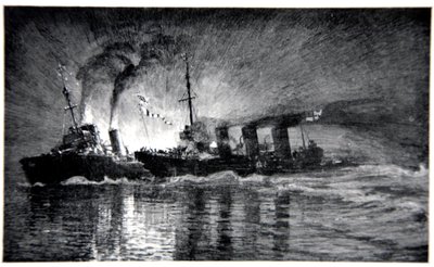 A HMS Broke döngölte a német rombolót, illusztrációja Gordon S. Maxwell „The Naval Front” című filmjéből, 1920 alkotó: Donald Maxwell