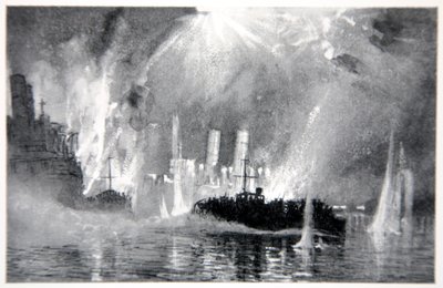 A motor elindítja a blokkhajók legénységének megmentését Zeebrugge-ben, illusztrációja Gordon S. Maxwell „The Naval Front” című művéből, 1920 alkotó: Donald Maxwell