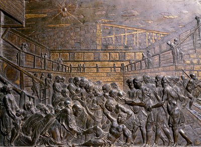 Olaszország, Padova, Páduai Szent Antal-bazilika, Szent Antal az ifjúság lábát gyógyítja, Donatello (1386-1466 körül), dombormű alkotó: Donatello