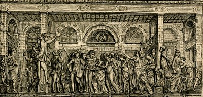 Az újszülött gyermek csodája beszél, Szent Antal oltár, Donatello bronz domborműve, Padovai Szent Antal bazilika, Padova, Veneto, Olaszország, fametszet a Le cento citta d
