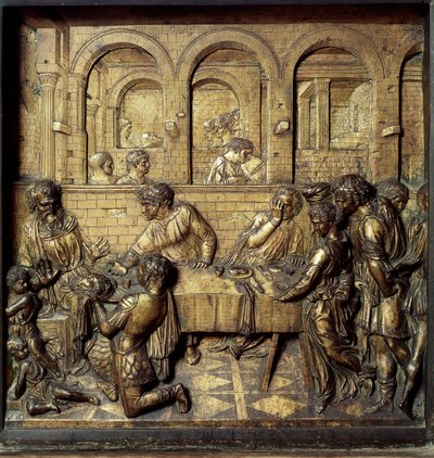 II. Herode Antipas lakomája (Kr. e. 21-39). Részlet a keresztelőkút alsó domborművéről, amelyet Donato di Niccolo di Betto Bardi dit Donatello (1386-1466) készített alkotó: Donatello