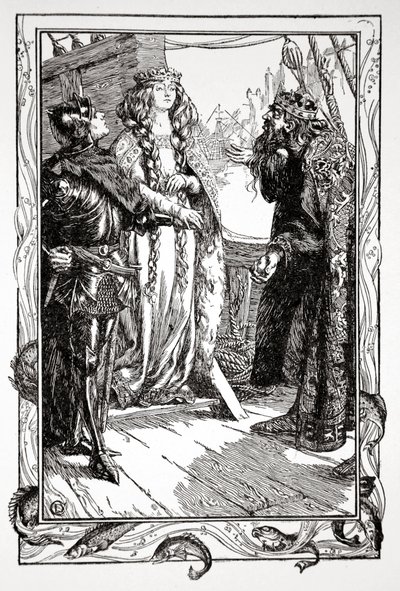„King Anguish Isoltot ad Sir Tristramnak”, 1905. alkotó: Dora Curtis