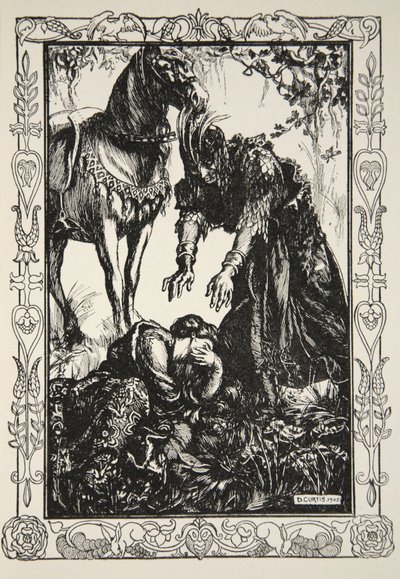 Palamides megjelent előtte, illusztráció Beatrice Clay "Stories of King Arthur and the Round Table" című művéből. alkotó: Dora Curtis