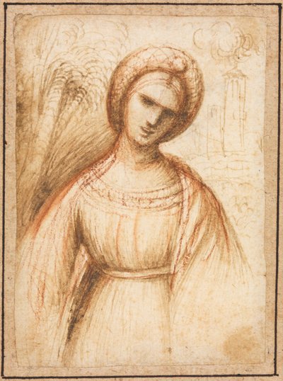 Hölgy tájban recto, Egy öregasszony mellhosszú profilja verso, c. 1521. alkotó: Dosso Dossi