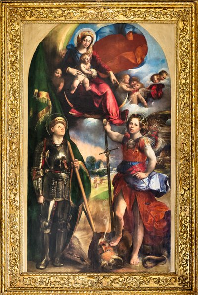 Madonna a Kis Jézussal és Szent Györggyel és Szent Mihály arkangyallal, 1518 körül (olaj, tábla) alkotó: Dosso Dossi