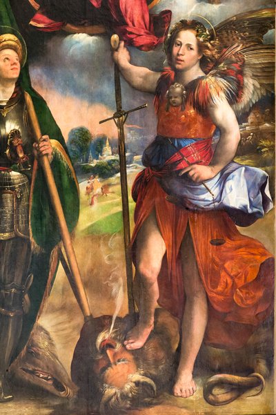 Madonna Kis Jézussal és Szent György és Szent Mihály arkangyal, 2384617 részlet, 1518 körül (olaj, tábla) alkotó: Dosso Dossi