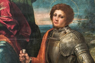 Madonna Kis Jézussal és Szent Sebestyénnel és Szent Györggyel, 2384616 részlet alkotó: Dosso Dossi