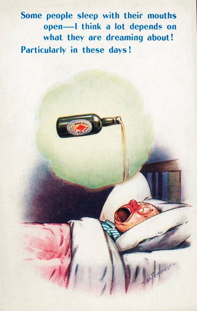 Alkoholizmus: nyitott szájjal alvó férfi, aki sörről álmodik (színes litográfia) alkotó: Douglas Tempest