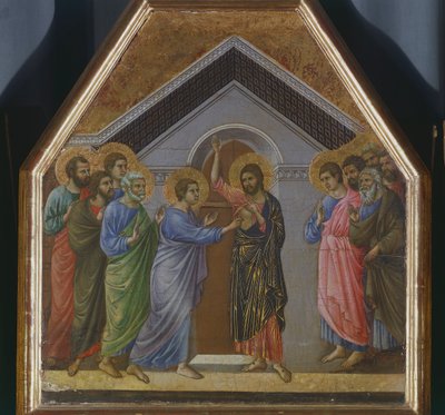 Oltárkép: Szent Tamás hitetlensége, a kukorékolás részlete a sienai katedrális Maesta hátoldaláról alkotó: Duccio di Buoninsegna