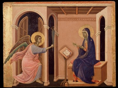 Mária halálának bejelentése. A Maesta Predella (tempera fán alkotó: Duccio di Buoninsegna