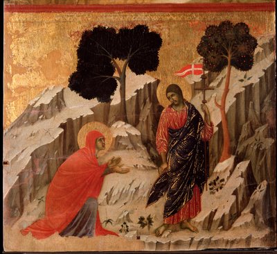 Jézus megjelenése Mária Magdolnának a feltámadás után. Maesta oltárkép (tempera és arany fán alkotó: Duccio di Buoninsegna
