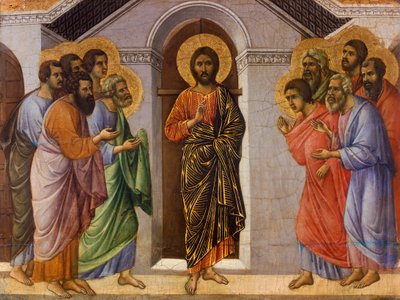 Krisztus megjelenik az apostoloknak zárt ajtók mögött, részlet Krisztus szenvedésének és feltámadásának epizódjaiból, a Sienai katedrálisban található Duccio-oltár Maesta