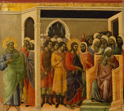 Krisztus Kaifás előtt, a Krisztus szenvedésének és feltámadásának epizódjaiból készült csempe részlete, a Sienai katedrálisban található Duccio-oltár Maesta