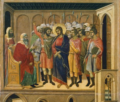 Krisztus a főpap előtt, részlet a Krisztus szenvedésének és feltámadásának epizódjaiból, a Sienai katedrálisban található Duccio-oltár Maesta