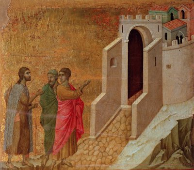Krisztus és a zarándokok Emmaus városának kapujában. Maesta oltárkép (tempera és arany fán alkotó: Duccio di Buoninsegna