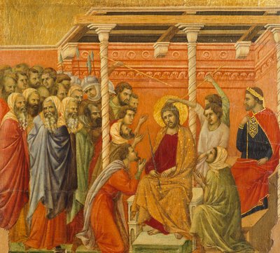 Töviskoronázás, Krisztus szenvedésének és feltámadásának epizódjaiból készült csempe részlete, a Sienai katedrálisban található Duccio-oltár Maesta