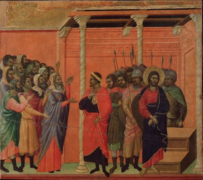 Jézust a farizeusok vádolják. Maesta oltárkép (tempera és arany fán alkotó: Duccio di Buoninsegna