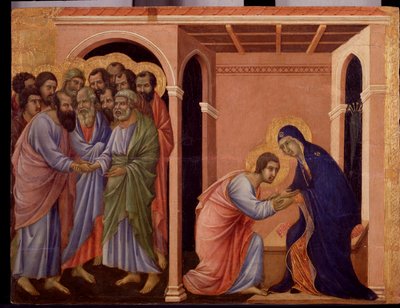 Mária búcsút vesz Jánostól, kívülről Péter és Pál apostol kezet fog. A Maesta részlete (tempera és arany fán alkotó: Duccio di Buoninsegna