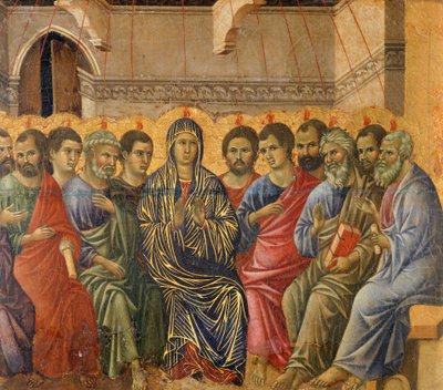 Pünkösd, részlet Krisztus szenvedésének és feltámadásának epizódjaiból, a Sienai katedrálisban található Duccio-oltár Maesta