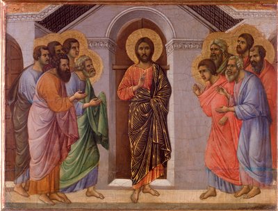 A feltámadott Jézus megjelenik az apostoloknak. Maesta oltárkép (tempera és arany fán alkotó: Duccio di Buoninsegna