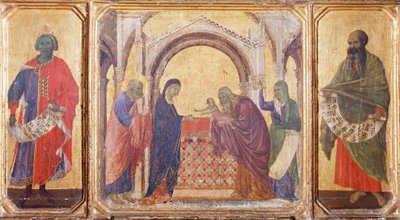 Salamon, bemutató a templomban és Malakiás próféta, részlet a Sienai katedrálisban lévő Duccio Maesta oltárképének predellájából alkotó: Duccio di Buoninsegna