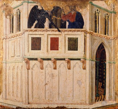Kísértés a templomon, részlet a Sienai katedrálisban lévő Duccio Maesta oltárképének predellájából alkotó: Duccio di Buoninsegna