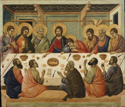 Az Úrvacsora. A Maesta oltárkép hátoldala alkotó: Duccio di Buoninsegna
