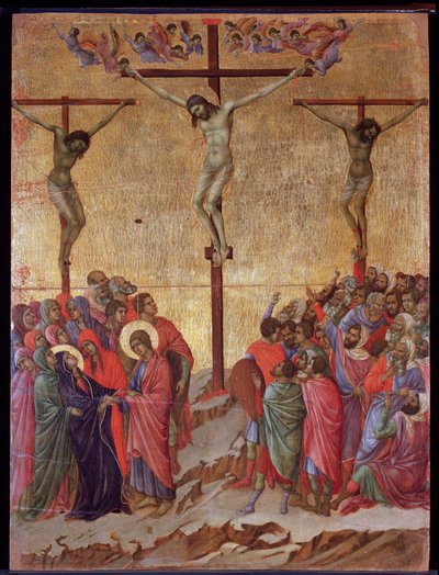A keresztre feszítés. Az oldalakon a jó tolvaj (Dismas) és a megtérő tolvaj (Gestas). Maesta oltárkép (tempera és arany fán alkotó: Duccio di Buoninsegna