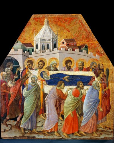 Szűzanya, pálmás Szent János temetése megnyitja az utat (tempera fán alkotó: Duccio di Buoninsegna