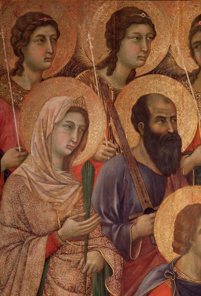 Szűz és gyermek a trónon, részlet Alexandriai Szent Katalinnal és Szent Pállal. (La Maesta) (tempera és arany fán alkotó: Duccio di Buoninsegna