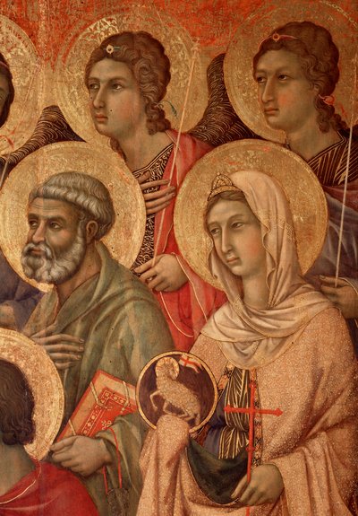 Szűz és gyermek a trónon, részlet Szent Péterrel és Szent Ágnessel (La Maesta) (tempera és arany fán alkotó: Duccio di Buoninsegna