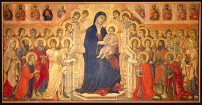 Szűz a gyermekkel trónol, angyalokkal és szentekkel körülvéve, a Maesta központi táblája alkotó: Duccio di Buoninsegna