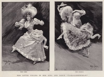 Lottie Collins angol zenei énekes és táncos népszerű Ta-Ra-Ra-Boom-De-Ay (litho) című dalát adja elő alkotó: Dudley Hardy