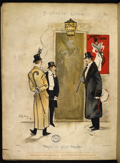 Három úriember vár a színpad ajtaja előtt, hogy előbújjanak a Gaiety lányok. alkotó: Dudley Hardy