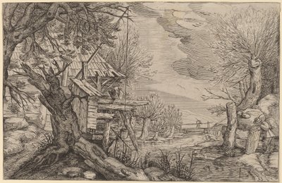 Táj rönkházzal a folyó közelében alkotó: Dutch 17th Century, formerly Jacques de Gheyn II