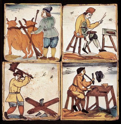 Azulejos panel: szakmák ábrázolása, paraszti földművelés, takarító, rönkhasító és pipier (kerámia) alkotó: Dutch School
