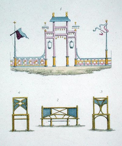 Kínai kapu és kerti ülések, G. van Laar „Magazine of Garden Gems” című könyvéből, 1802-ben (színes litho) alkotó: Dutch School