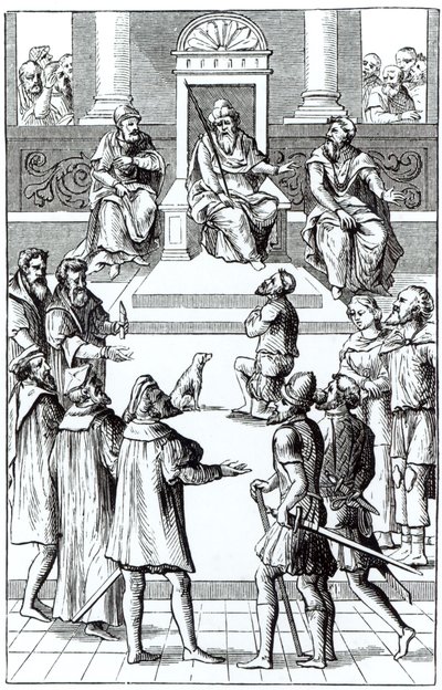 Beismerő vallomás a törvényszék előtt a Praxis Rerum Criminaliumban Joos de Damhouder (1507-81) Antwerpenben, 1556-ban megjelent fametszete után. alkotó: Dutch School