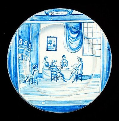 Delftware tányér február hónapot ábrázolva (ónmázas cserépedény) alkotó: Dutch School