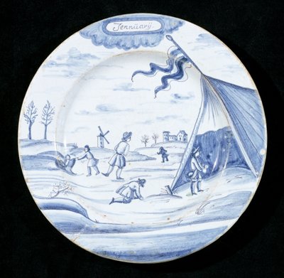 Delftware tányér január hónapot ábrázolva (ónmázas cserépedény) alkotó: Dutch School