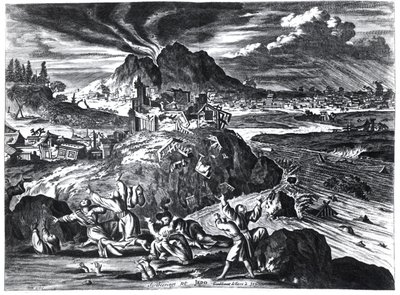 Földrengés Edóban (Tokió) 1659-ben, illusztráció Arnold Montanus beszámolójából a Holland Kelet-Indiai Társaság által a japán császárhoz küldött nagykövetségekről, 1669-ben Amszterdamban ( alkotó: Dutch School