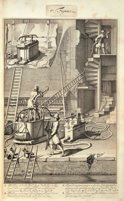 Firefighting Machinery, a Tűzoltás Hollandiában című könyvből, amely 1700 körül jelent meg alkotó: Dutch School