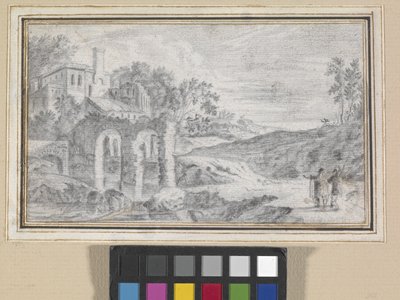 Olasz táj romokkal (fekete kréta törtfehér papíron) alkotó: Dutch School