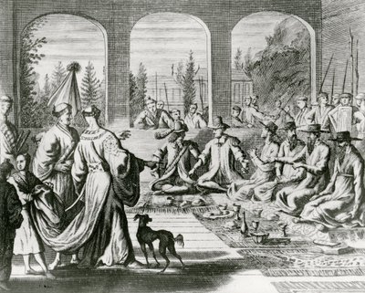 Jezsuiták holland és portugál kereskedőkkel a japán udvarban, 1670 körül (metszet) alkotó: Dutch School