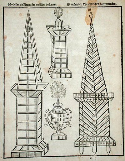 Rácsos piramisok, Johann van der Groen „A holland kertész” című művéből, 1699-ben megjelent (metszet) alkotó: Dutch School