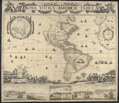 Amerika térképe, Nova totius Americae Table, [kilátással] Panama, Caput S. Augustini, New Amsterdam, S. Saviour, Name D. God. Rajzolta: Mathysz J. alkotó: Dutch School