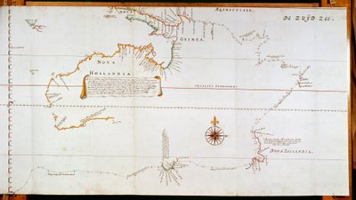 Új-Hollandia (ma Ausztrália) és Új-Zéland térképe Abel Janszoon Tasman (1603-1659) és Willem Janszoon (1570-1630) utazásai során gyűjtött információk alapján alkotó: Dutch School